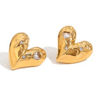 Geometry Love Heart Stud Earrings-Gold-White Diamond