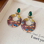 45#Silver Needle - Gold - Green - Yellow - Oil Drop Painted Peacock Hollow Circle Earrings