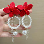 Exquisite Fabric Flower Beaded Tassel Earrings