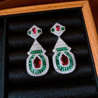 58#Silver Needle-Silver-Purple-Green-Zircon Geometric Color Block Triangle Pendant Earrings