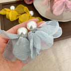 Pearl Tassel Blue Chiffon Petal Stud Earrings