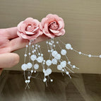 Vintage fabric rose tassel beaded stud earrings