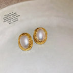 22#Silver Needle-Gold-Oval-Pleated Pearl Oval Stud Earrings