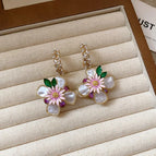 55#Silver Needle - Gold - White - Green - Inlaid Diamond Pearl Oil Drop Flower Pendant C-shaped Earrings