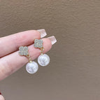 New【Four-Leaf Clover Rhinestone Pearl Eardrops Stud Earrings】