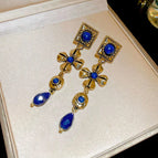 19#Silver Needle-Gold-Blue-Square Flower Drop Earrings