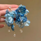 Super fairy blue flower tassel diamond stud earrings