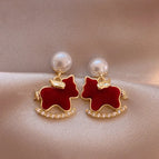 Red Pony Imitation Pearl Rhinestone Stud Earrings