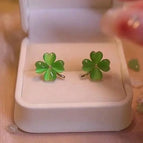 Green Four Leaf Clover Ear Stud Gold