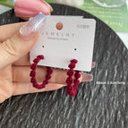 4241 Flocked Three-Dimensional Small Flower Hoop Earrings with Buckle Wine Red