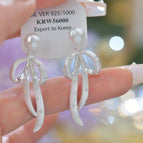 Silver Brushed Ribbon Pearl Stud Earrings