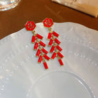 Silver Needle Drop Oil Fu Character Firecrackers Tassel Ear Studs