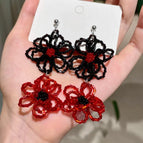 2507075 Red with Contrasting Black Flower Earrings