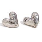 Geometry Love Heart Stud Earrings-Steel Color-White Diamond