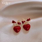 Bow Peach Heart Stud Earring