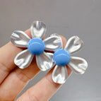 Unique Metallic Blue Flower Stud Earrings