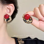 Red Round Bead Leopard Print Chiffon Stud Earrings ES21545-1