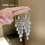 Golden Water Drop Pearl Zircon Tassel Ear Hook (A0219)