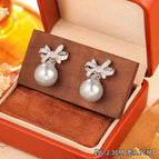 18#Bow Gray Pearl Stud Earrings
