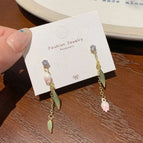 FA2 Cherry Blossom Green Leaf Tassel Earrings