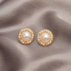 39# Golden Circle Pearl Stud Earrings