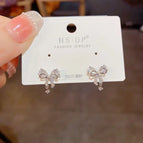 No. 56 Silver-Zircon Bow Stud Earrings (Thick Gold Plating)