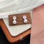 Oval Zircon Pearl Stud Earrings/Pink