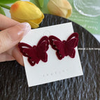 4223 Flocked Double Layer Large Butterfly Earrings in Wine Red