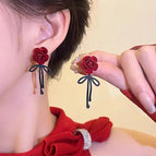 Rose Bow Stud Earrings【Flocking】