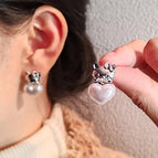 Kitten Pearl Heart-Shaped Ear Studs-Silver