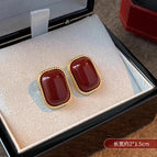 41#Red Rectangular Gemstone Gold Edge Stud Earrings