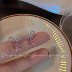 Bow pink diamond pendant stud earrings