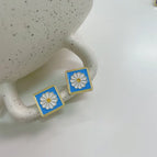 Blue Square Large Flower Stud Earrings