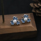Royal Blue Oil Drop Three Petal Flower Stud Earrings
