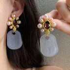 1#Silver Needle-Gold-White-Diamond Pearl Square Pendant Earrings