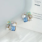 Flower Crystal Squares-Blue (14K Gold Plated)