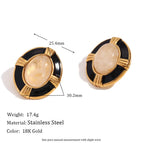Oval Cross Natural Stone Stud Earrings-Gold Black