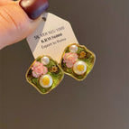 11#E1599 Freshwater Real Pearl--Olive Green Tea Flower Oil Painting Stud Earrings