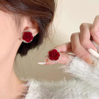15# Red Flocking Camellia Pearl Ear Studs