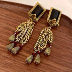 2504171 Black Crystal Metal Tassel Earrings (S925 Silver Needle)