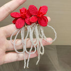 Fashionable Red Flower Tassel Bowknot Earrings