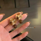 50 # Brown Floral Wooden Gradient Small Round Ball Earrings