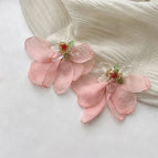 Exquisitely woven flower tassel pink chiffon petal earrings